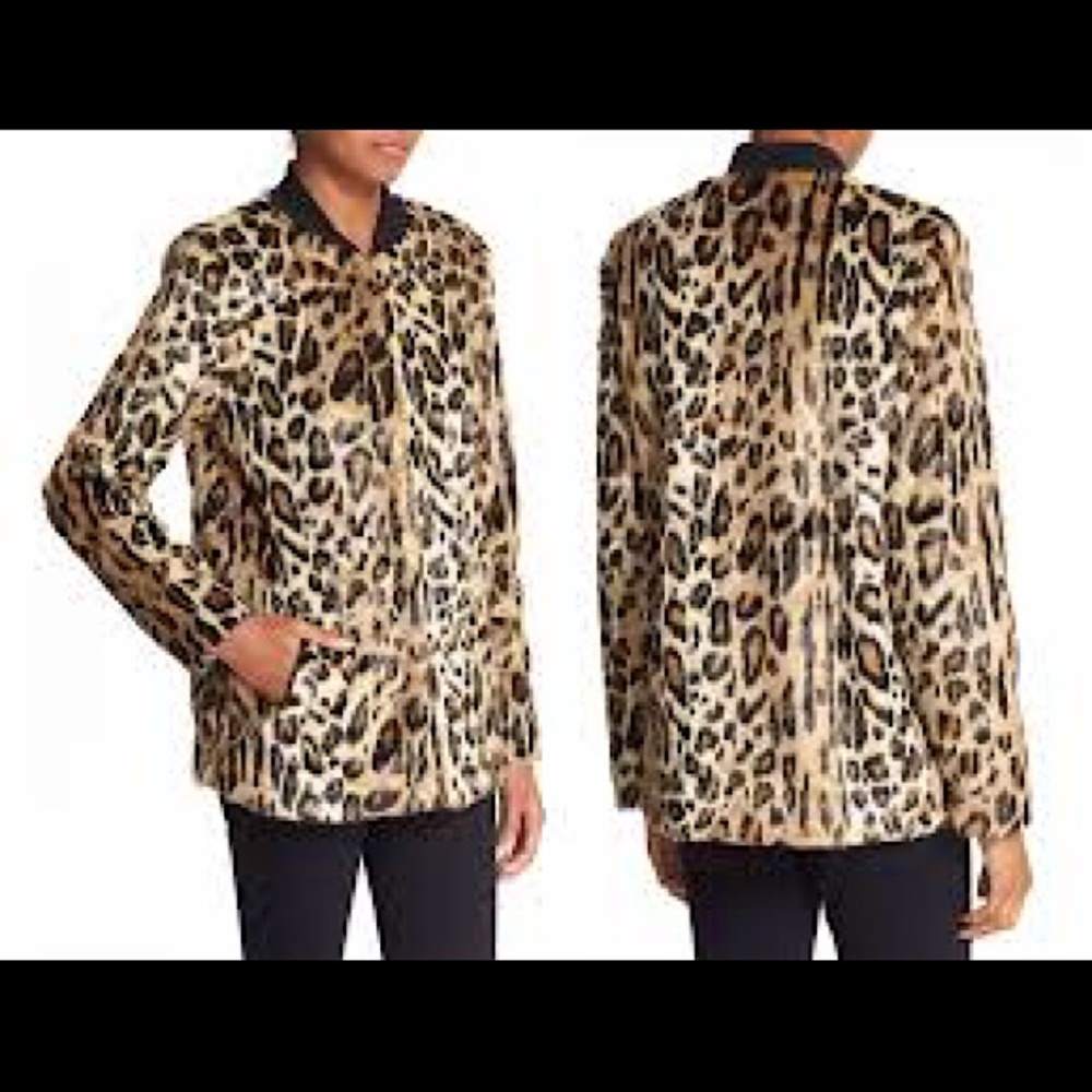 Faux Leopard Fur Bomber Jacket. Very chic, lightweight, statement piece.